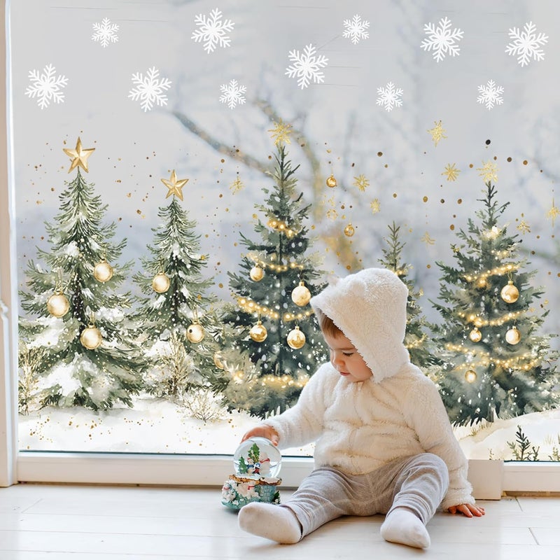 Whaline 9 Sheets Christmas Window Clings Window Decals Watercolor Xmas Tree Ball Winter Forest Reusable Anti-Collision PVC Stickers for Holiday Home Glass Mirror Decor - Image 3